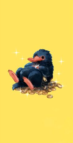 a blue bird sitting on top of some gold coins