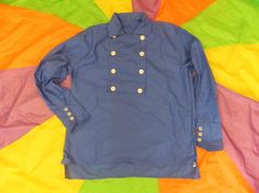 Woman's Monkees style Large 8 button Bib Front Shirt - Red, blue or yellow Navy Buttoned Tops For Fall, Navy Shirt With Buttons And Spread Collar, Navy Casual Tops With Button Cuffs, Navy Casual Top With Button Cuffs, Casual Navy Tops With Button Cuffs, Casual Navy Top With Button Cuffs, Navy Spread Collar Shirt With Buttons, Cotton Tops With Collar And Buttons, Navy Long Sleeve Tops With Buttons