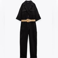 Nwt Zara Black Belted Linen Cotton Blend Jumpsuit Jumpsuit Made Of Linen And Cotton Blend Fabric. Lapel Collar And Short Sleeves. Front Pockets And Side Patch Pockets. Contrasting Belt And Turned-Up Cuffs. Front Zip And Button Closure. Black Outer Shell 53% Linen 47% Cotton. From The Spring 2023 Collection. Size Small, Color Is Black. Black Jumpsuits And Rompers With Pockets For Fall, Black Jumpsuit With Pockets For Workwear, Black Summer Workwear Overalls, Black Summer Overalls For Workwear, Black Jumpsuits And Rompers With Pockets For Work, Trendy Black Overalls For Workwear, Trendy Black Workwear Overalls, Zara Denim Overall Jumpsuit For Work, Zara Overalls For Workwear