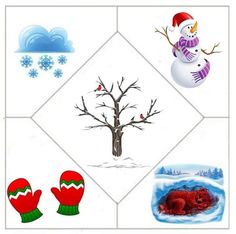 four different pictures with snowmen, trees and mittens on them in the middle