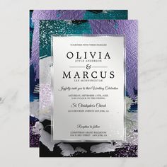 an elegant purple and black wedding card with silver foil on it's front, featuring glitter