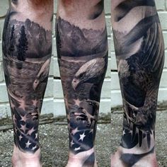 an eagle and american flag tattoo on the legs of a man with his feet covered in tattoos