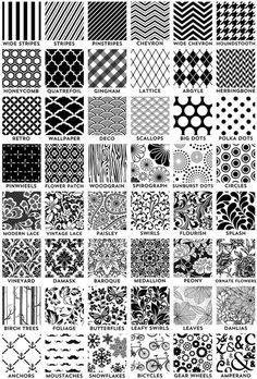 a large collection of black and white patterns