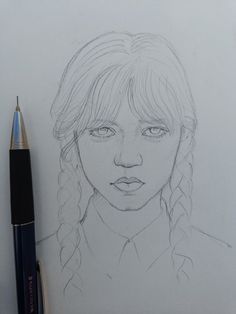 a pencil drawing of a girl with braids