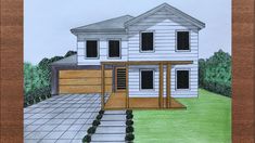 a drawing of a two story house with garage