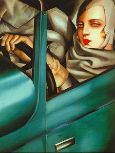 a painting of a woman sitting in the driver's seat of a green car