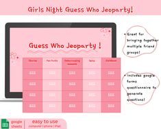 GIRLS NIGHT GUESS WHO JEOPARTY   Bring the giggles to girls night with guess who jeopardy!  What's included:  interactive DIGITAL jeoparty game:  1. Girls Night Guess Who Jeoparty (Digital)            - The perfect icebreaker for bringing together different friend groups, getting the giggles going at girls night, friend reunions, and more!  2. Jeoparty questionnaire --> a google forms questionnaire with suggestions for questions to ask your friends to set up your jeoparty board!  If you have tro Questions To Ask Your Friends, Gals Night, Girls Night Games, Jeopardy Game, Friend Groups, Games Night, Night Games, Friends Reunion, Google Form