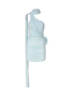 Light blue Mini Dress With Wrap Neckline In Blue from Magda Butrym -Wrap-around neck to create a glamorous scarf effect -Long sash -Drapes with 3D flowers on the sides -Made in Poland -Color: Heavenly -94% Cupro, 6% Elastane | Magda Butrym Women's Mini Dress With Wrap Neckline in Blue in Light Blue | SS24 Light Blue Mini Dress, Magda Butrym, Hand Woven Textiles, Stylish Outfit, Blue Mini Dress, 3d Flowers, Mini Dress Shop, Luxury Women, Stylish Outfits