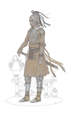 a drawing of a man with long hair wearing armor and standing in front of a vase