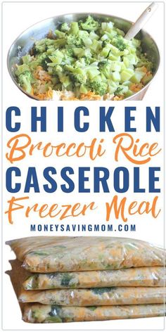 chicken broccoli rice casserole freezer meal in a pan with text overlay