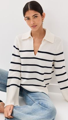 Jenni Kayne Francis Cashmere Sweater | Shopbop Modern Preppy Style, School Sweater, Jenni Kayne, Estilo Preppy, Casual Stripes, Collar Sweater, Tall Model, Polo Collar