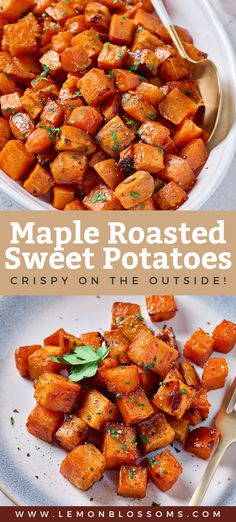 roasted sweet potatoes with parsley on the top and maple roasted sweet potatoes on the bottom