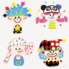 three clowns with different colors and patterns on their faces