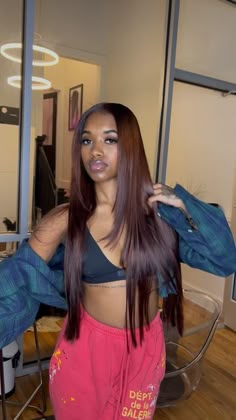 Dark Brown Sew In Weave, Shadow Root Black To Brown, Brown Roots Black Hair, Chaneeezy Instagram, Brown Hair Dark Roots, Brown Hair On Dark Skin, Dark Copper Brown, Cherry Coke Hair, Bangs Inspiration