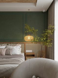 Quarto de casal com parede verde e boiseries, cabeceira em palhinha indidana Cozy Window Nook, Window Seat Ideas, European Bedroom, Boho Decor Ideas, Unique Bedroom Design, Modern Wallpaper Designs, House Interior Design Styles, Sage Green Bedroom, Bedroom Trends