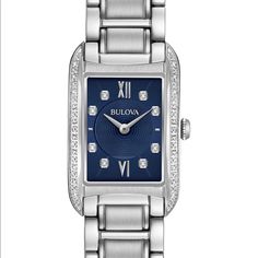 Prettybulova Woman Watch Beautiful Women's Diamonds Collection Bracelet Watch, 34mm - 0.10 Ctw Bulova Blue Diamond Watch With Diamond Hour Markers For Anniversary, Blue Diamond Watch For Anniversary, Elegant Blue Diamond Watch, Elegant Blue Diamond Watch For Anniversary, Blue Diamond Watches For Formal Occasions, Formal Blue Diamond Watches, Silver Braces, Bulova Watches Women, Vintage Bulova Watches