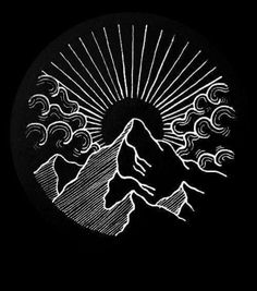 a black and white drawing of a mountain with clouds in the sky on a dark background