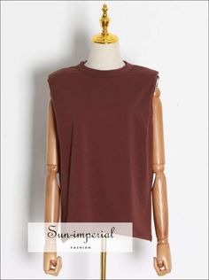 Women Brown Padded Shoulder Muscle Sleeveless Casual top Trendy Sleeveless Brown Top, Brown Vest Top For Summer, Brown Summer Vest Top, Trendy Brown Vest For Summer, Trendy Brown Summer Vest, Brown Sleeveless Cotton Top, Sleeveless Brown Cotton Top, Brown Crew Neck Tank Top For Summer, Summer Brown Crew Neck Tank Top