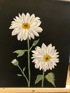 a painting of two white flowers on a black background