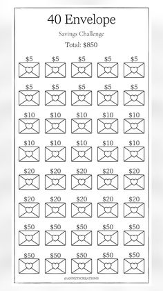 an envelope with the words 40 envelope savings challenge written on it and numbers for each item