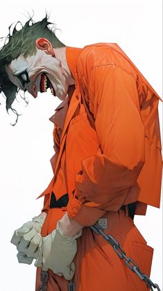 a man dressed in an orange outfit with his mouth open and hands on his hips