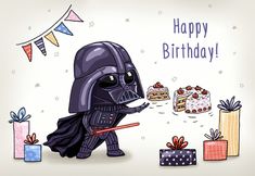 a darth vader birthday card with presents