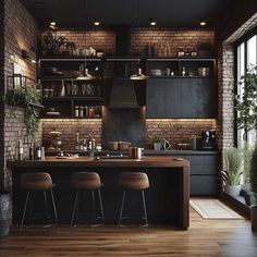 an industrial kitchen with brick walls and wooden flooring, bar stools at the island