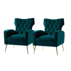 two green velvet chairs with gold legs