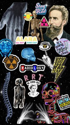 a collage of various stickers and decals on a black background with an image of a man's face