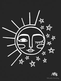 a black and white drawing of a sun with stars on it's face, against a dark background