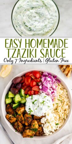 an easy homemade tazi sauce is served in a bowl with rice, cucumber and