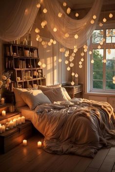 a bedroom with lots of lights hanging from the ceiling and bed in front of a window