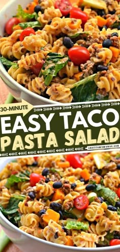 this easy taco pasta salad is loaded with lots of fresh ingredients and ready to be eaten