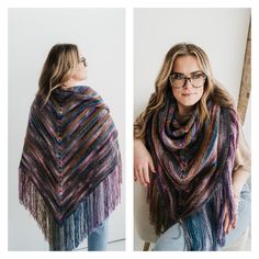 two pictures of a woman wearing a multicolored shawl