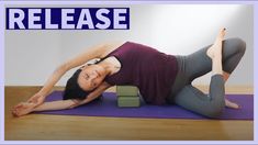 a woman is doing yoga on a purple mat with the words release above her head