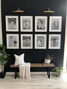 a black wall with pictures on it and a bench in front of the photo is next to a potted plant