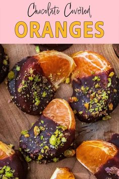 Chocolate covered oranges with a text overlay title.