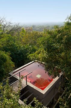 an outdoor hot tub surrounded by trees and bushes