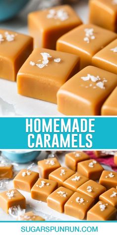 homemade caramels with white flowers on them and text overlay that says homemade caramels