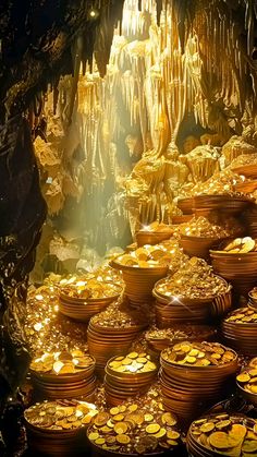 gold coins are stacked on top of each other in a cave like setting with lights coming from the ceiling