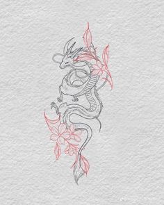 a drawing of a dragon with red flowers on it's back and the tail curled up