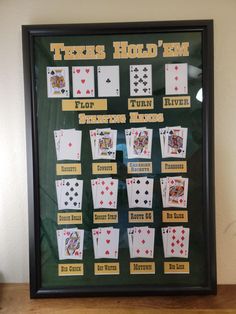 a framed poster displaying texas hold'em playing cards