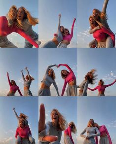 multiple images of two women dancing in the air