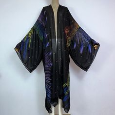 One Size fits S-4X Length: 58 inches Material: Linen Gauze (Thin, light, and semi sheer.) One Size Fits Most Size Chart Linen Kimono, Linen Gauze, Sky Black, Black Kimono, New Africa, Long Kimono, Feather Print, Boho Maxi, Kimono Dress