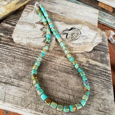 "Very pretty! Large, chunky, shiny, natural green blue brown, cube Turquoise and sterling silver necklace. These turquoise gemstones are NOT dyed. Approx. cubes are 8x10mm - LARGE beads - not all perfectly square or rectangle. Lengths come with 2\" extender. 24\" is shown. Example: 24\" + 2\" extender = 26\" total length to END of extender chain. If you do not want extender, add note to me at checkout. 🚩The length MAY not be \"exact\" due to the chunky size of beads but very close, if not right Rustic Turquoise Beaded Necklace For Gift, Rustic Turquoise Beaded Necklace Gift, Turquoise Gemstone Beads Necklace, Earthy Turquoise Beaded Necklaces With Round Beads, Green Chrysocolla Beaded Necklaces With Round Beads, Rustic Turquoise Beaded Necklaces With Natural Stones, Green Chrysocolla Beaded Necklaces, Earthy Turquoise Gemstone Beaded Necklaces, Artisan Turquoise Necklaces With 8mm Beads