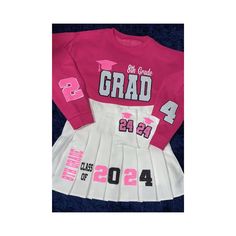 Turn around time is about 2.5-4 Weeks at the moment. Please message about rush fee if needed any sooner!!  Our Best Selling Senior Skirt Set! Can be made to match your school colors 📚 Available in all sizes for your... ✨Pre-K/Kinder/8th grad graduate! 🖍 ✨Senior graduate! ✒️ ✨Birthdays 🎂 Please message with all details!  Design ( 8th Grade Grad or 8th Grade Barbie)(feel free to screenshot design) Skirt Size & Color Sweatshirt Size & Color School full name (for color reference) School Colors  S White Cotton Cheerleading Sets, White Cotton School Spirit Sets, Pink Crew Neck Sets With Letter Print, Graduation Dress 8th Grade, First Day Of 8th Grade Outfits, Senior Skirt Set, Outfit Middle School, Middle School Dance Outfits, Senior Skirt