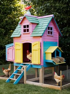 a colorful chicken house with chickens in it