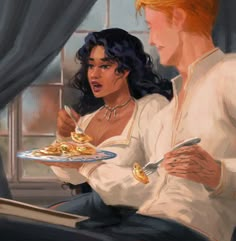 a painting of two people eating food on a plate and looking at each other's eyes