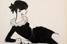 a black and white drawing of a woman sitting on the ground