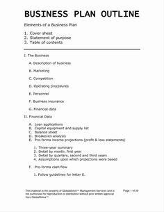 the business plan outline is shown in black and white, with an additional title for each section